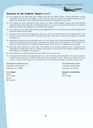 Jet Airways (India) Limited Annual Report 2012mited
55
Annexure to the Auditors’ Report (contd.)
14) The Company has not dealt (other than in Mutual Fund Units) or traded in shares, securities, debentures or other
investments during the year. For dealings in units of Mutual Funds, the Company has maintained proper records of
transactions and contracts. All the investments have been held by the Company in its own name.
15) The Company has given guarantees for loans taken by its wholly owned Subsidiary Company from banks/financial
institution. Based on the information and explanations given to us, we are of the opinion that the terms and conditions
thereof are not prima facie prejudicial to the interest of the Company.
16) In our opinion, and according to the information and explanations given to us, the term loans have been applied for the
purpose for which they were raised.
17) According to the information and explanations given to us and on an overall examination of the balance sheet of the
Company, we report that funds raised on short-term basis have, prima facie, not been used for long-term investment
during the year.
18) According to the information and explanations given to us, the Company has not made preferential allotment of shares to
parties and companies covered in the register maintained under Section 301 of the Companies Act, 1956. Therefore, the
provisions of clause 4(xviii) of the Companies (Auditor’s Report) Order, 2003 are not applicable to the company.
19) During the period covered by our audit report, the Company has not issued any debentures and no debentures were
outstanding at the beginning of the year. Therefore, the provisions of clause 4(xix) of the Companies (Auditor’s Report)
Order, 2003 are not applicable to the company.
20) The Company has not raised any money by way of public issue during the year.
21) According to the information and explanations given to us and on the basis of the examination of the records, except for
possible fraudulent bookings of tickets through credit cards amounting ` 37 lakhs, which we are informed are being
pursued, no fraud by the Company and no material fraud on the Company was noticed or reported during the year.
FOR DELOITTE HASKINS & SELLS FOR CHATURVEDI & SHAH
CHARTERED ACCOUNTANTS CHARTERED ACCOUNTANTS
Registration No.117366W Registration No.101720W
R. D. KAMAT RAJESH D. CHATURVEDI
Partner Partner
M. No. 36822 M. No. 45882
Mumbai
24th
May 2012
 