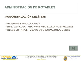ADMINISTRACIÓN DE ROTABLES PARAMETRIZACIÓN DEL ÍTEM: PROGRAMAS INVOLUCRADOS EN EL CATALOGO - MSO100 DE USO EXCLUSIVO DIRECABAS EN LOS DISTRITOS - MSO170 DE USO EXCLUSIVO CODES  