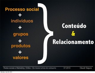 }
        Processo social
                          +
                  indivíduos
                          +                                     Conteúdo
                        grupos                                      &
                          +                                  Relacionamento
                   produtos
                          +
                        valores

     Redes sociais e Marketing Online - Os novos rumos do consumo   07.2010   Claudir Segura

Monday, July 26, 2010
 