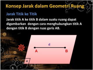 Konsep Jarak dalam Geometri Ruang
Jarak Titik ke Titik
Jarak titik A ke titik B dalam suatu ruang dapat
digambarkan dengan cara menghubungkan titik A
dengan titik B dengan ruas garis AB.

.A

d

.B

 