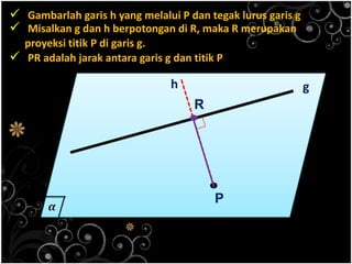  Gambarlah garis h yang melalui P dan tegak lurus garis g
 Misalkan g dan h berpotongan di R, maka R merupakan
proyeksi titik P di garis g.
 PR adalah jarak antara garis g dan titik P

h

g

.

R

.P

 