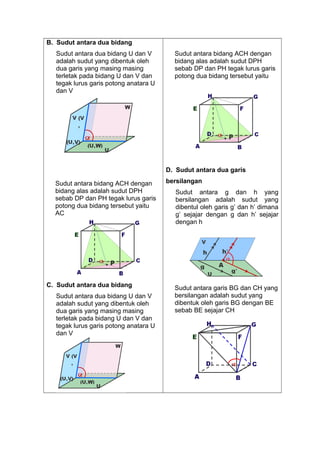 B. Sudut antara dua bidang
Sudut antara dua bidang U dan V
adalah sudut yang dibentuk oleh
dua garis yang masing masing
terletak pada bidang U dan V dan
tegak lurus garis potong anatara U
dan V
Sudut antara bidang ACH dengan
bidang alas adalah sudut DPH
sebab DP dan PH tegak lurus garis
potong dua bidang tersebut yaitu
AC
C. Sudut antara dua bidang
Sudut antara dua bidang U dan V
adalah sudut yang dibentuk oleh
dua garis yang masing masing
terletak pada bidang U dan V dan
tegak lurus garis potong anatara U
dan V
Sudut antara bidang ACH dengan
bidang alas adalah sudut DPH
sebab DP dan PH tegak lurus garis
potong dua bidang tersebut yaitu
D. Sudut antara dua garis
bersilangan
Sudut antara g dan h yang
bersilangan adalah sudut yang
dibentul oleh garis g’ dan h’ dimana
g’ sejajar dengan g dan h’ sejajar
dengan h
Sudut antara garis BG dan CH yang
bersilangan adalah sudut yang
dibentuk oleh garis BG dengan BE
sebab BE sejajar CH
 