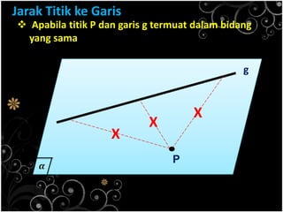 Jarak Titik ke Garis
 Apabila titik P dan garis g termuat dalam bidang
yang sama
.P
g
X
X
X
 