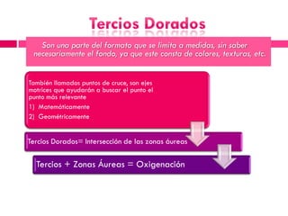 Son una parte del formato que se limita a medidas, sin saber
 necesariamente el fondo, ya que este consta de colores, texturas, etc.


También llamados puntos de cruce, son ejes
motrices que ayudarán a buscar el punto el
punto más relevante
1) Matemáticamente
2) Geométricamente


Tercios Dorados= Intersección de las zonas áureas

  Tercios + Zonas Áureas = Oxigenación
 