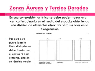 En una composición artística se debe poder trazar una
    vertical imaginaria en el medio del espacio, obteniendo
     una división de elementos atractiva pero sin caer en la
                          exageración

•   Por esto este
    punto ideal o
    línea divisoria no
    deberá estar en
    el centro ni a un
    extremo, sino en
    un término medio
 