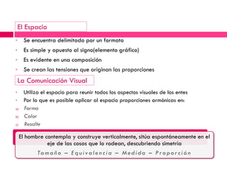 El Espacio
*     Se encuentra delimitado por un formato
*     Es simple y opuesto al signo(elemento gráfico)
*     Es evidente en una composición
*     Se crean las tensiones que originan las proporciones
    La Comunicación Visual
*     Utiliza el espacio para reunir todos los aspectos visuales de los entes
*     Por lo que es posible aplicar al espacio proporciones armónicas en:
a)    Forma
b)    Color
c)    Resalte

     El hombre contempla y construye verticalmente, sitúa espontáneamente en el
                eje de las cosas que lo rodean, descubriendo simetría
            Ta m a ñ o – E q u i v a l e n c i a – M e d i d a – P r o p o r c i ó n
 