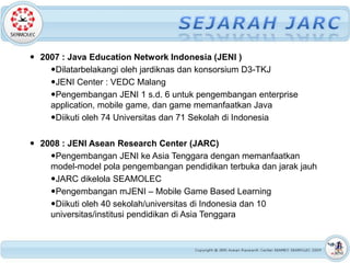  2007 : Java Education Network Indonesia (JENI )
    Dilatarbelakangi oleh jardiknas dan konsorsium D3-TKJ
    JENI Center : VEDC Malang
    Pengembangan JENI 1 s.d. 6 untuk pengembangan enterprise
    application, mobile game, dan game memanfaatkan Java
    Diikuti oleh 74 Universitas dan 71 Sekolah di Indonesia

 2008 : JENI Asean Research Center (JARC)
    Pengembangan JENI ke Asia Tenggara dengan memanfaatkan
    model-model pola pengembangan pendidikan terbuka dan jarak jauh
    JARC dikelola SEAMOLEC
    Pengembangan mJENI – Mobile Game Based Learning
    Diikuti oleh 40 sekolah/universitas di Indonesia dan 10
    universitas/institusi pendidikan di Asia Tenggara
 