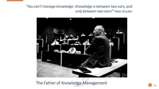 5
“You can’t manage knowledge. Knowledge is between two ears, and
only between two ears!” Peter Drucker
The Father of Know...