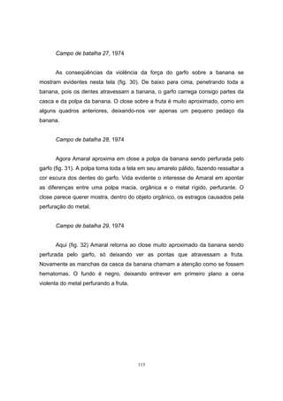 113
Campo de batalha 27, 1974
As conseqüências da violência da força do garfo sobre a banana se
mostram evidentes nesta tela (fig. 30). De baixo para cima, penetrando toda a
banana, pois os dentes atravessam a banana, o garfo carrega consigo partes da
casca e da polpa da banana. O close sobre a fruta é muito aproximado, como em
alguns quadros anteriores, deixando-nos ver apenas um pequeno pedaço da
banana.
Campo de batalha 28, 1974
Agora Amaral aproxima em close a polpa da banana sendo perfurada pelo
garfo (fig. 31). A polpa toma toda a tela em seu amarelo pálido, fazendo ressaltar a
cor escura dos dentes do garfo. Vida evidente o interesse de Amaral em apontar
as diferenças entre uma polpa macia, orgânica e o metal rígido, perfurante. O
close parece querer mostra, dentro do objeto orgânico, os estragos causados pela
perfuração do metal.
Campo de batalha 29, 1974
Aqui (fig. 32) Amaral retorna ao close muito aproximado da banana sendo
perfurada pelo garfo, só deixando ver as pontas que atravessam a fruta.
Novamente as manchas da casca da banana chamam a atenção como se fossem
hematomas. O fundo é negro, deixando entrever em primeiro plano a cena
violenta do metal perfurando a fruta.
 