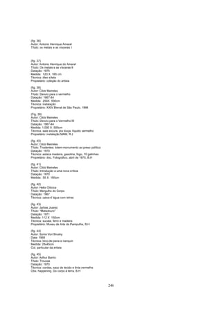 246
(fig. 36)
Autor: Antonio Henrique Amaral
Título: os metais e as vísceras I
(fig. 37)
Autor: Antonio Henrique do Amaral
Título: Os metais e as vísceras II
Datação: 1975
Medida: 123 X 165 cm
Técnica: óleo s/tela
Propietário: coleção do artista
(fig. 38)
Autor: Cildo Meireles
Título: Desvio para o vermelho
Datação: 1967-84
Medida: 250X 500cm
Técnica: instalação
Propietário: XXIV Bienal de São Paulo, 1998
(Fig. 39)
Autor: Cildo Meireles
Título: Desvio para o Vermelho III
Datação: 1967-84
Medida: 1.000 X 500cm
Técnica: sala escura, pia louça, líquido vermelho
Propietário: instalação MAM, R.J
(fig. 40)
Autor: Cildo Meireles
Título: Tiradentes: totem-monumento ao preso político
Datação: 1970
Técnica: estaca madeira, gasolina, fogo, 10 galinhas
Propietário: doc. Fotográfico, abril de 1970, B.H
(fig. 41)
Autor: Cildo Meireles
Título: Introdução a uma nova crítica
Datação: 1970
Medida: 50 X 160cm
(fig. 42)
Autor: Helio Oiticica
Título: Mergulho do Corpo
Datação: 1967
Técnica: caixa-d`água com letras
(fig. 43)
Autor: Jarbas Juarez
Título: “Matadouro”
Datação: 1971
Medida: 112 X 150cm
Técnica: sucata, ferro e madeira
Propietário: Museu de Arte da Pampulha, B.H
(fig. 44)
Autor: Sonia Von Brusky
Data: 1968
Técnica: bico-de-pena e nanquin
Medida: 28x45cm
Col. particular da artista
(fig. 45)
Autor: Arthur Barrio
Título: Trouxas
Datação: 1970
Técnica: cordas, saco de tecido e tinta vermelha
Obs: happening, Do corpo à terra, B.H
 