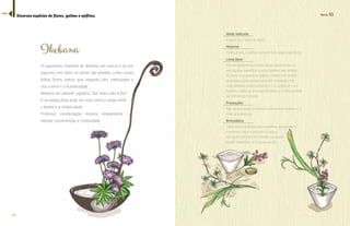50 
Diversas espécies de flores, galhos e epífitas. Terra 51 
Ikebana 
Os japoneses chamam de ikebana um exercício de pai-sagismo 
com todos as partes das plantas, como caules, 
folhas, flores, ramos, que, segundo eles, simbolizam o 
céu, a terra e a humanidade. 
Ikebana em japonês significa “dar mais vida à flor”. 
O resultado final pode ser visto como a união entre 
a beleza e a simplicidade. 
Promove, coordenação motora, relaxamento 
mental, concentração e criatividade. 
Idade indicada 
A partir de 2 anos de idade 
Material 
Flores, frutos e galhos, sempre com caule para fincar 
Como fazer 
Em um galho mais antigo, tabua apodrecida, ou 
em alguma superfície porosa fazemos um arranjo 
de flores e pequeninos galhos criando um jardim 
miniatura. Experimente usar três elementos em 
cada ikebana, representando o céu, a terra e o ser 
humano. Valorize as irregularidades e a tortuosidade 
de elementos naturais. 
Precauções 
Não utilizar espécies tóxicas como a espirradeira e a 
erva de borboleta. 
Brincadeira 
Fazer uma exposição dos trabalhos, apresentar e 
conversar sobre o processo criativo, 
um pode interferir no trabalho do outro 
dando sugestões, se o grupo quiser. 
índice 
 