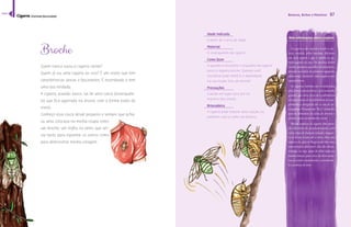 86 
Bonecos, Bichos e Monstros 87 
Mais informações sobre a espécie 
Broche 
Quem nunca ouviu a cigarra cantar? 
Quem já viu uma cigarra ao vivo? É um inseto que tem 
características únicas e fascinantes. É esverdeado e tem 
uma asa rendada. 
A cigarra, quando nasce, sai de uma casca (exoesquele-to) 
que fica agarrada na árvore, com a forma exata do 
inseto. 
Conheço essa casca desde pequeno e sempre que acha-va 
uma colocava na minha roupa como 
um broche, um troféu no peito, que ser-via 
tanto para espantar os outros como 
para demonstrar minha coragem. 
Idade indicada 
A partir de 3 anos de idade 
Material 
O exoesqueleto da cigarra 
Como fazer 
A questão é encontrar o esqueleto da cigarra 
preso a alguma árvore. Quando você 
encontrar pode retirá-lo e dependurar 
na sua roupa. Vira um broche! 
Precauções 
Guarde em lugar seco, por no 
máximo dois meses. 
Brincadeira 
A cigarra pode inspirar uma canção, ou 
podemos usá-la como um boneco. 
As cigarras são notáveis devido à can-toria 
entoada pelos machos, diferente 
em cada espécie e que é ouvida no pe-ríodo 
quente do ano. Os machos destes 
insetos possuem aparelho estridulatório, 
situado nos lados do primeiro segmento 
abdominal, emitindo cada espécie som 
característico. 
As cigarras também são reconhecidas 
pela forma característica e pelo tamanho 
grande, que varia cerca de 15 milímetros 
até pouco mais de 65 milímetros de com-primento 
e atingindo até 10 cm de en-vergadura. 
Possuem um “bico” comprido 
para se alimentar da seiva de árvores e 
plantas onde normalmente vivem. 
Muitas espécies de cigarra têm perío-dos 
diferentes de amadurecimento, com 
ciclos vitais de duração variada, enquan- 
¤œŠ£—Š¡¨Š£ŊŒŠ˜£œ‹Š¤Ž¡¡ŠနŠ££Ž¤Ž 
espécies do gênero Magicicada têm uma 
característica adicional: elas são sincro-nizadas, 
ou seja, saem do chão todas ao 
mesmo tempo, para cerca de duas sema-nas 
de canto ensurdecedor, acasalamen-to 
e postura de ovos. 
Cigarra (Carineta fasciculata) 
índice 
 