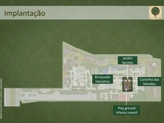 Implantação




                                                                          Jardim
                                                                          Secreto


                                                         Brinquedo
                                                                                        Cantinho das
Material preliminar sujeito a alterações




                                                         Interativo
                                                                                          Mamães




                                                                        Play ground
                                                                      Infanto Juvenil
 