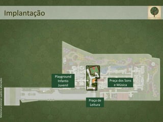 Implantação




                                                         Playground
Material preliminar sujeito a alterações




                                                           Infanto               Praça dos Sons
                                                           Juvenil                  e Música



                                                                      Praça de
                                                                       Leitura
 