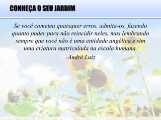 CONHEÇA O SEU JARDIM
Se você cometeu quaisquer erros, admita-os, fazendo
quanto puder para não reincidir neles, mas lembrando
sempre que você não é uma entidade angélica e sim
uma criatura matriculada na escola humana.
-André Luiz
 