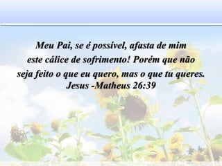 Meu Pai, se é possível, afasta de mim
este cálice de sofrimento! Porém que não
seja feito o que eu quero, mas o que tu queres.
Jesus -Matheus 26:39
 