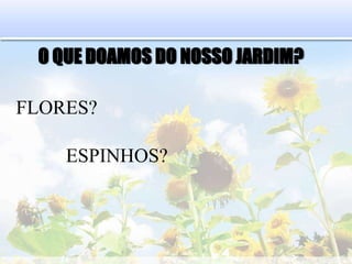 FLORES?
O QUE DOAMOS DO NOSSO JARDIM?
ESPINHOS?
 