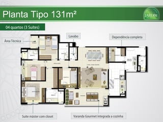 Planta Tipo 131m² 04 quartos (3 Suítes) Suíte máster com closet  Varanda Gourmet integrada a cozinha  Dependência completa  Lavabo Área Técnica 