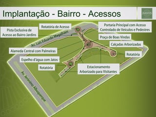 Implantação - Bairro - Acessos  Rotatória de Acesso Pista Exclusiva de Acesso ao Bairro Jardins Portaria Principal com Acesso Controlado de Veículos e Pedestres Alameda Central com Palmeiras Praça de Boas Vindas Espelho d’água com Jatos Av. Jerônimo Albuquerque Av. Luis Eduardo Magalhães Estacionamento Arborizado para Visitantes  Rotatória  Rotatória  Calçadas Arborizadas  