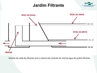 Jardim Filtrante
Detalhe da saída do efluente com o sistema de controle do nível da água do jardim filtrante
 