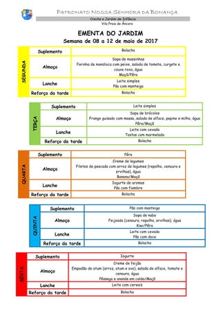 PATRONATO NOSSA SENHORA DA BONANÇA
Creche e Jardim-de-Infância
Vila Praia de Âncora
EMENTA DO JARDIM
Semana de 08 a 12 de maio de 2017
SEGUNDA
Suplemento Bolacha
Almoço
Sopa de massinhas
Farinha de mandioca com peixe, salada de tomate, curgete e
couve roxa, água
Maçã/Pêra
Lanche
Leite simples
Pão com manteiga
Reforço da tarde Bolacha
TERÇA
Suplemento Leite simples
Almoço
Sopa de brócolos
Frango guisado com massa, salada de alface, pepino e milho, água
Pêra/Maçã
Lanche
Leite com cevada
Tostas com marmelada
Reforço da tarde Bolacha
QUARTA
Suplemento Pêra
Almoço
Creme de legumes
Filetes de pescada com arroz de legumes (repolho, cenoura e
ervilhas), água
Banana/Maçã
Lanche
Iogurte de aromas
Pão com fiambre
Reforço da tarde Bolacha
QUINTA
Suplemento Pão com manteiga
Almoço
Sopa de nabo
Feijoada (cenoura, repolho, ervilhas), água
Kiwi/Pêra
Lanche
Leite com cevada
Pão com doce
Reforço da tarde Bolacha
SEXTA
Suplemento Iogurte
Almoço
Creme de feijão
Empadão de atum (arroz, atum e ovo), salada de alface, tomate e
cenoura, água
Pêssego e ananás em calda/Maçã
Lanche Leite com cereais
Reforço da tarde Bolacha
 