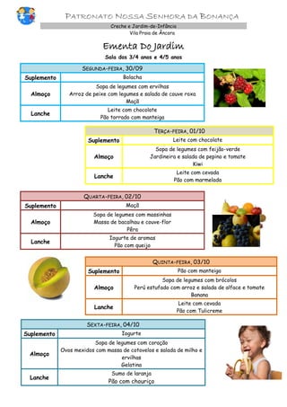 PATRONATO NOSSA SENHORA DA BONANÇA
Creche e Jardim-de-Infância
Vila Praia de Âncora
Ementa Do Jardim
Sala dos 3/4 anos e 4/5 anos
SEGUNDA-FEIRA, 30/09
Suplemento Bolacha
Almoço
Sopa de legumes com ervilhas
Arroz de peixe com legumes e salada de couve roxa
Maçã
Lanche
Leite com chocolate
Pão torrado com manteiga
TERÇA-FEIRA, 01/10
Suplemento Leite com chocolate
Almoço
Sopa de legumes com feijão-verde
Jardineira e salada de pepino e tomate
Kiwi
Lanche
Leite com cevada
Pão com marmelada
QUARTA-FEIRA, 02/10
Suplemento Maçã
Almoço
Sopa de legumes com massinhas
Massa de bacalhau e couve-flor
Pêra
Lanche
Iogurte de aromas
Pão com queijo
QUINTA-FEIRA, 03/10
Suplemento Pão com manteiga
Almoço
Sopa de legumes com brócolos
Perú estufado com arroz e salada de alface e tomate
Banana
Lanche
Leite com cevada
Pão com Tulicreme
SEXTA-FEIRA, 04/10
Suplemento Iogurte
Almoço
Sopa de legumes com coração
Ovos mexidos com massa de cotovelos e salada de milho e
ervilhas
Gelatina
Lanche
Sumo de laranja
Pão com chouriço
 
