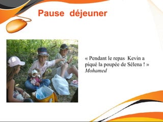 Pause déjeuner



         « Pendant le repas Kevin a
         piqué la poupée de Sélena ! »
         Mohamed
 