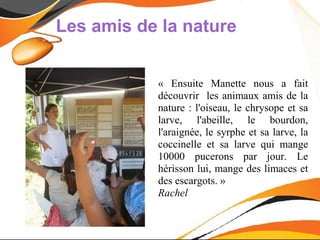 Les amis de la nature


           « Ensuite Manette nous a fait
           découvrir les animaux amis de la
           nature : l'oiseau, le chrysope et sa
           larve, l'abeille, le bourdon,
           l'araignée, le syrphe et sa larve, la
           coccinelle et sa larve qui mange
           10000 pucerons par jour. Le
           hérisson lui, mange des limaces et
           des escargots. »
           Rachel
 