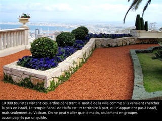 10 000 touristes visitent ces jardins pénétrant la moitié de la ville comme s'ils venaient chercher
la paix en Israël. Le temple Baha'l de Haifa est un territoire à part, qui n'appartient pas à Israël,
mais seulement au Vatican. On ne peut y aller que le matin, seulement en groupes
accompagnés par un guide.
 