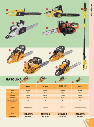11 12 13 14
1
11
12
13
14
2
4
53
Motosierras
GASOLINA
A405 A 305 A455 18” P 422
Marca ALPINA ALPINA ALPINA ALPINA
C.C. 40 cc 25 cc 45 cc 40 cc
Potencia 1,50 kW 0,85 kW 1,90 kW 2,00 kW
Espada 40 cm 25 cm 45 cms 40 cm
Engrase automático
de cadena SI SI SI SI
Extras Sistema arranque fácil. Peso 3,2kgrs
Sistema
arranque facil
Gama profesional uso intenso
Precio 175,00 € 185,00 € 210,00 € 319,00 €
Referencia Ref. 38.340 Ref. 38.342 Ref. 38.341 Ref. 38.343
61
 