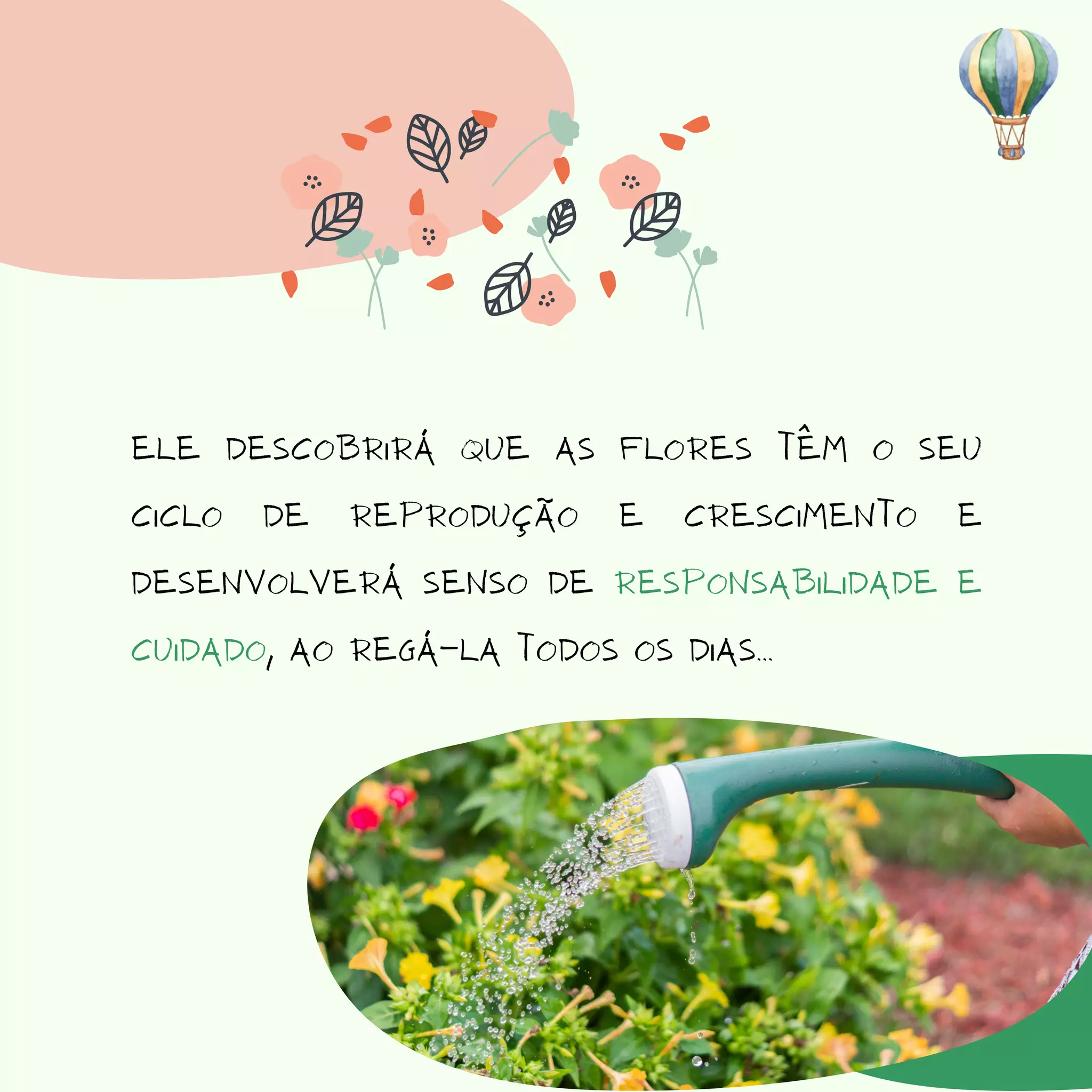 Ele descobrirá que as flores têm o seu
ciclo de reprodução e crescimento e
desenvolverá senso de responsabilidade e
cuidado, ao regá-la todos os dias...