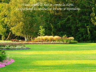 Vaste comme la nuit et comme la clarté, Les parfums, les couleurs et les sons se répondent. 