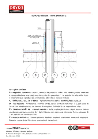 DETALHES TÉCNICOS – TUBOS EMERGENTES
A – Laje de concreto
B – Preparo da superfície – Limpeza, remoção de partículas soltas. Para a execução dos arremates
é recomendável que seja criada uma depressão de, no mínimo, 1 cm ao redor do tubo. Além disso,
é importante que o produto de arremate seja aderente às paredes do tubo.
C – DRYKOALCATRÃO AR 1a
demão – Aplicar uma única demão de DRYKOALCATRÃO AR.
D – Tela industrial – Ainda com o substrato úmido, aplicar a industrial (malha 1 x 1), com cerca de
20 cm com metade cortada em formato de margarida. Subindo 10 cm na parede do tubo.
E – DRYKOALCATRÃO AR - Demais demãos – Após a aplicação da tela, seguir com as demais
demãos com consumo mínimo de 1 kg/m2
/demão com espessura mínima de 2 mm, aplicadas de
2 a 4 demãos em sentido cruzado.
F – Proteção mecânica – Executar proteção mecânica seguindo orientações fornecidas no projeto.
Executar colocação de filtro junto ao projeto de paisagismo.
 