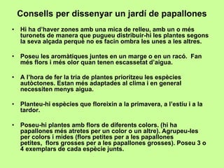 Consells per dissenyar un jardí de papallones 
• Hi ha d’haver zones amb una mica de relleu, amb un o més 
turonets de manera que pugueu distribuir-hi les plantes segons 
la seva alçada perquè no es facin ombra les unes a les altres. 
• Poseu les aromàtiques juntes en un marge o en un racó. Fan 
més flors i més olor quan tenen escassetat d’aigua. 
• A l’hora de fer la tria de plantes prioritzeu les espècies 
autòctones. Estan més adaptades al clima i en general 
necessiten menys aigua. 
• Planteu-hi espècies que floreixin a la primavera, a l’estiu i a la 
tardor. 
• Poseu-hi plantes amb flors de diferents colors. (hi ha 
papallones més atretes per un color o un altre). Agrupeu-les 
per colors i mides (flors petites per a les papallones 
petites, flors grosses per a les papallones grosses). Poseu 3 o 
4 exemplars de cada espècie junts. 
 