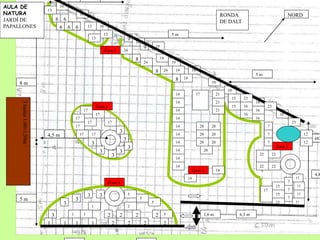 17 
10 
19 
14 
14 
16 
14 
13 
20 20 
4,8 5 m 
1,6 m 6,5 m 
8 m 
5 m 
5 m 
4 m 
4,5 m 
2 2 2 
3 
3 
3 3 
3 
5 
1 1 1 2 2 2 2 
3 taules 1,60x1,50m 
13 
6 
6 
6 
6 
6 
10 
10 
10 
9 
9 
19 
19 
8 
24 
8 
14 
14 
14 
14 
14 
14 
11 
15 
17 
15 
15 
15 
15 
16 
16 
11 
RONDA 
DE DALT 
HORT 
NORD 
2 
5 
5 
5 
2 
1 
1 
1 
Zona 1 
Zona 2 
Zona 3 
Zona 4 
24 
24 
14 
14 
14 
21 
21 
21 
20 20 
20 20 
11 
11 
7 
7 
7 
7 
7 
7 
22 22 
22 22 
10 
10 
10 
10 
10 
17 
17 
17 
17 17 
3 
3 
3 
3 
3 
17 17 
3 
3 
10 
Zona 5 
AULA DE 
NATURA 
JARDÍ DE 
PAPALLONES 
13 
13 
8 
19 
20 
16 
23 
23 
23 
12 
12 
17 
1 
 