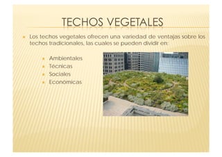     Los techos vegetales ofrecen una variedad de ventajas sobre los
     techos tradicionales, las cuales se pueden dividir en:

             Ambientales
             Técnicas
             Sociales
             Económicas
 