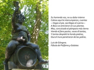 Su horrenda voz, no su dolor interno Cabras aquí le interrumpieron, cuantas —Vagas el pie, sacrílegas el cuerno— A Baco se atrevieron en sus plantas. Mas, conculcado el pámpano más tierno Viendo el fiero pastor, voces él tantas, Y tantas despidió la honda piedras, Que el muro penetraron de las yedras .  Luis de Góngora. Fábula de Polifemo y Galatea 