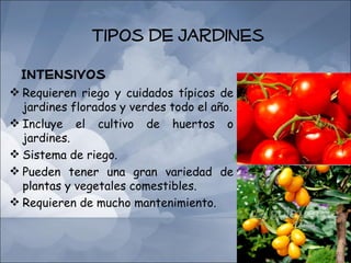 Tipos de Jardines
  Intensivos
 Requieren riego y cuidados típicos de
  jardines florados y verdes todo el año.
 Incluye el cultivo de huertos o
  jardines.
 Sistema de riego.
 Pueden tener una gran variedad de
  plantas y vegetales comestibles.
 Requieren de mucho mantenimiento.
 