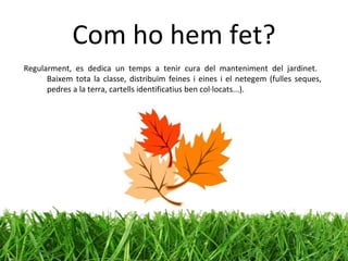 Com ho hem fet? Regularment, es dedica un temps a tenir cura del manteniment del jardinet.  Baixem tota la classe, distribuïm feines i eines i el netegem (fulles seques, pedres a la terra, cartells identificatius ben col·locats...). 