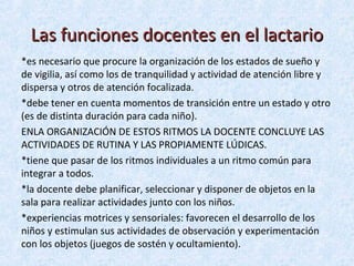 Las funciones docentes en el lactario
*es necesario que procure la organización de los estados de sueño y
de vigilia, así como los de tranquilidad y actividad de atención libre y
dispersa y otros de atención focalizada.
*debe tener en cuenta momentos de transición entre un estado y otro
(es de distinta duración para cada niño).
ENLA ORGANIZACIÓN DE ESTOS RITMOS LA DOCENTE CONCLUYE LAS
ACTIVIDADES DE RUTINA Y LAS PROPIAMENTE LÚDICAS.
*tiene que pasar de los ritmos individuales a un ritmo común para
integrar a todos.
*la docente debe planificar, seleccionar y disponer de objetos en la
sala para realizar actividades junto con los niños.
*experiencias motrices y sensoriales: favorecen el desarrollo de los
niños y estimulan sus actividades de observación y experimentación
con los objetos (juegos de sostén y ocultamiento).

 