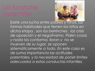 

Existe una lucha entre padres y niños, las
formas habituales que tienen los niños en
dicha etapa , son los berrinches , las crisis
de oposición y el negativismo. Piden cosas
y nada los conforma, lloran y no se
mueven de su lugar, se oponen
sistemáticamente a todo. En este caso es
de suma importancia las actitudes
parentales, y la necesidad de poner limites
adecuados a estas conductas infantiles.

 