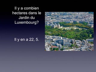 Il y a combien
hectares dans le
Jardin du
Luxembourg?

Il y en a 22, 5.

 