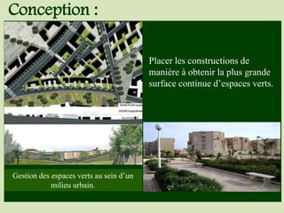 Placer les constructions de
manière à obtenir la plus grande
surface continue d’espaces verts.
Conception :
Gestion des espaces verts au sein d’un
milieu urbain.
 