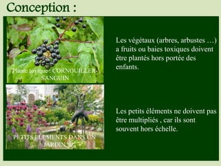 Les végétaux (arbres, arbustes …)
a fruits ou baies toxiques doivent
être plantés hors portée des
enfants.
Les petits éléments ne doivent pas
être multipliés , car ils sont
souvent hors échelle.
Conception :
Les enfants sont les plus exposés.
PETITS ELEMENTS DANS UN
JARDIN
Plante toxique : GOJI
Plante toxique : CORNOUILLER-
SANGUIN
 