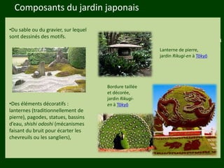 Les végétaux (arbres, arbustes …) a
fruits ou baies toxiques doivent être
plantés hors portée des enfants.
Les petits éléments ne doivent pas
être multipliés , car ils sont souvent
hors échelle.
•Du sable ou du gravier, sur lequel
sont dessinés des motifs.
•Des éléments décoratifs :
lanternes (traditionnellement de
pierre), pagodes, statues, bassins
d’eau, shishi odoshi (mécanismes
faisant du bruit pour écarter les
chevreuils ou les sangliers),
Lanterne de pierre,
jardin Rikugi-en à Tōkyō
Bordure taillée
et décorée,
jardin Rikugi-
en à Tōkyō
Composants du jardin japonais
 