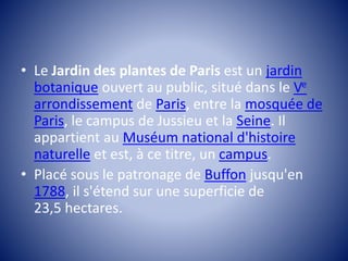 • Le Jardin des plantes de Paris est un jardin 
botanique ouvert au public, situé dans le Ve 
arrondissement de Paris, entre la mosquée de 
Paris, le campus de Jussieu et la Seine. Il 
appartient au Muséum national d'histoire 
naturelle et est, à ce titre, un campus. 
• Placé sous le patronage de Buffon jusqu'en 
1788, il s'étend sur une superficie de 
23,5 hectares. 
 