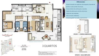 3 QUARTOS
Diferenciais:
•Ampla varanda com opção de churrasqueira, bancada de
granito e cuba (combo churrasco).
•Acesso direto da cozinha para a varanda.
•Opção de planta para cozinha americana.
•Opção de sala ampliada.
•Sala com dois ambientes.
•Armários grátis* em todo o apartamento.
3 QUARTOS
 