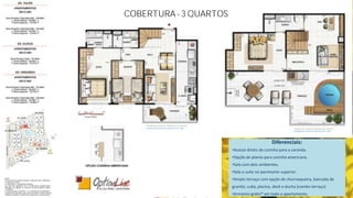 COBERTURA - 3 QUARTOS
Diferenciais:
•Acesso direto da cozinha para a varanda.
•Opção de planta para cozinha americana.
•Sala com dois ambientes.
•Sala e suíte no pavimento superior.
•Amplo terraço com opção de churrasqueira, bancada de
granito, cuba, piscina, deck e ducha (combo terraço)
•Armários grátis* em todo o apartamento.
 