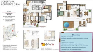 COBERTURA
4 QUARTOS (1 Rev)




                                          Diferenciais:
                    • Opção de sala ampliada
                    • Opção de alteração do quarto reversível para quarto de
                    serviço.
                    • Sala com dois ambientes.
                    • Sala, quarto e banheiro no pavimento superior
                    • Amplo terraço com opção de churrasqueira, bancada de
                    granito, cuba, piscina, deck e ducha (combo terraço)
                    • Armários grátis* em todo o apartamento.
 