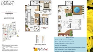 COBERTURA
2 QUARTOS




                                   Diferenciais:
            •Ampla varanda no pavimento inferior.
            •Acesso direto da cozinha para a varanda
            •Opção de planta para cozinha americana.
            •Sala com dois ambientes.
            •Amplo terraço com opção de churrasqueira, bancada de granito,
            cuba, piscina, deck e ducha (combo terraço)
            •Armários grátis* em todo o apartamento.
 